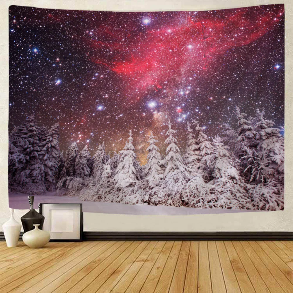 Christmas Snow Landscape Tapestry Wall Hanging Forest Starry Sky Aesthetics Art Decoration Background Poster Sofa Bed Sheet