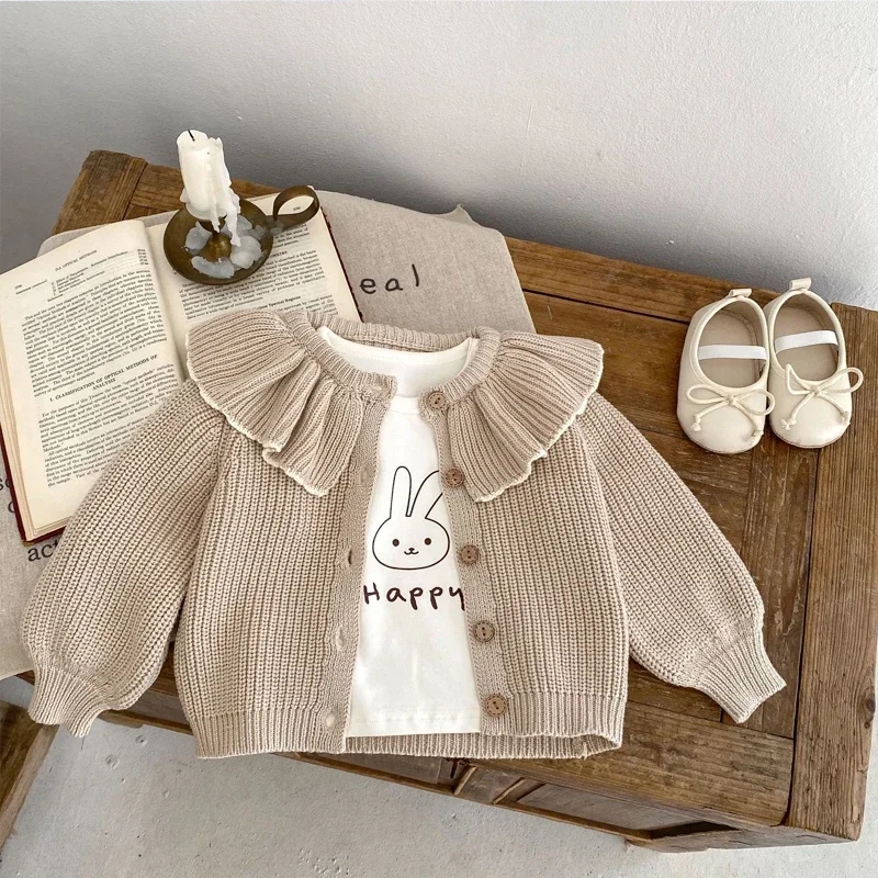 New baby clothing for spring and autumn seasons, 0-3 year old girls, ruffled collar knitted jacket sweater