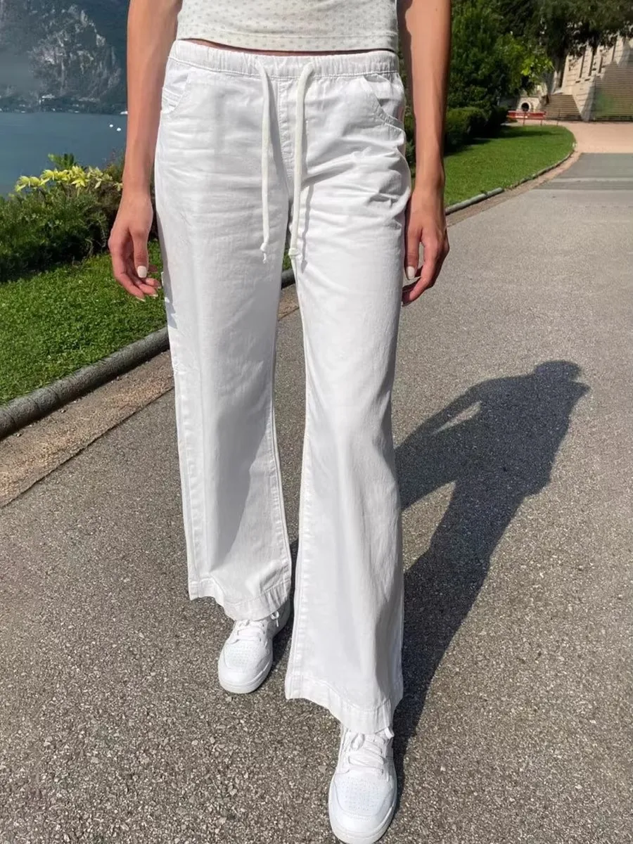 

White Drawstring Loose Pants Women Spring Sexy Low Waist Pockets Straight Long Pant Baggy Streetwear Vintage Y2K Trousers New
