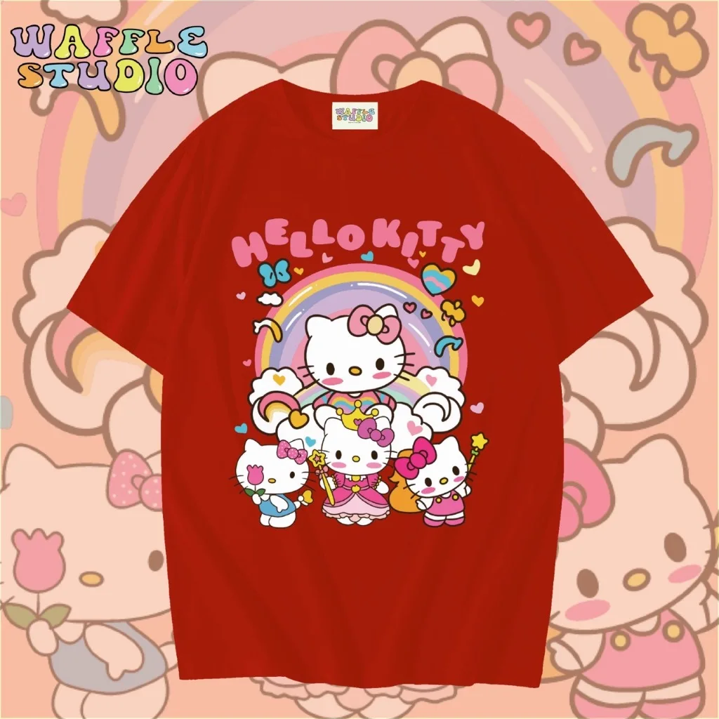 لطيف مرحبا كيتي القطن الخالص قصيرة الأكمام تي شيرت للنساء والأطفال صيف 2025 جديد بسيط مطبوعة فضفاض رداء علوي غير رسمي