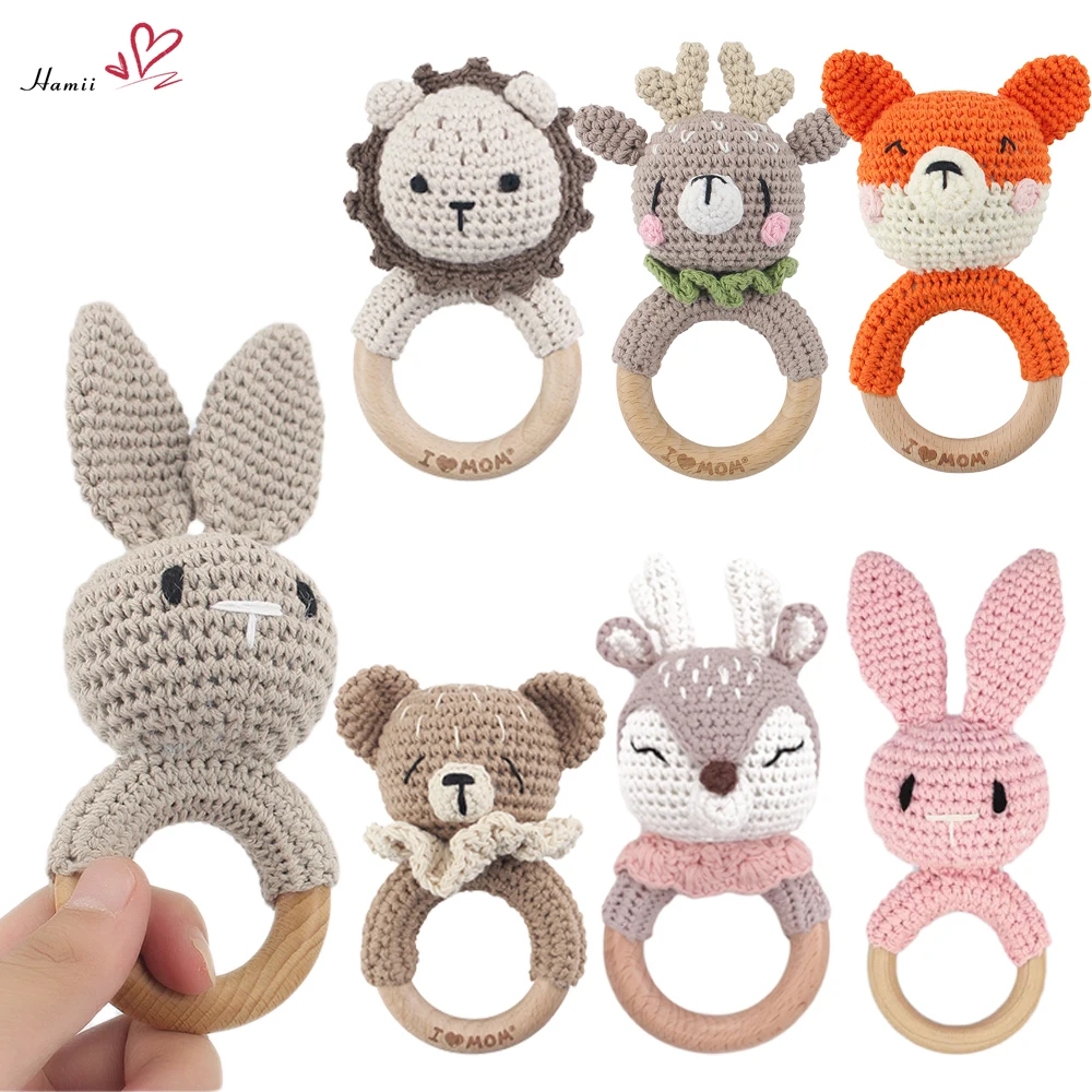 1PC Baby Rattles Cute Cartoon Bunny Crochet Rattle Toy Wood Ring Baby Teether Rodent Baby Gym Mobile Rattles Newborn Rattle Toys