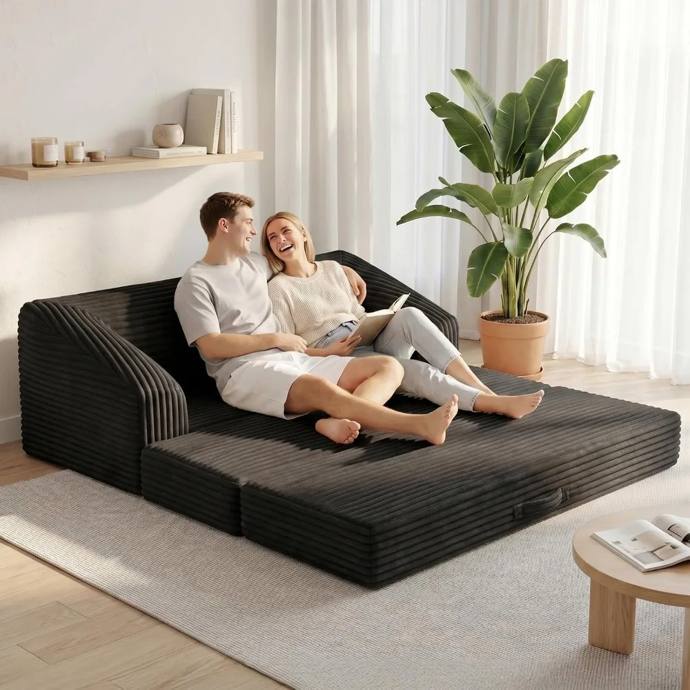 Convert Tri-Folding Sofa Bed, Thick Backrest & Carry Handle, Foldable Sleeper Sofa for Living & Guest Rooms, Soft Corduroy view 2