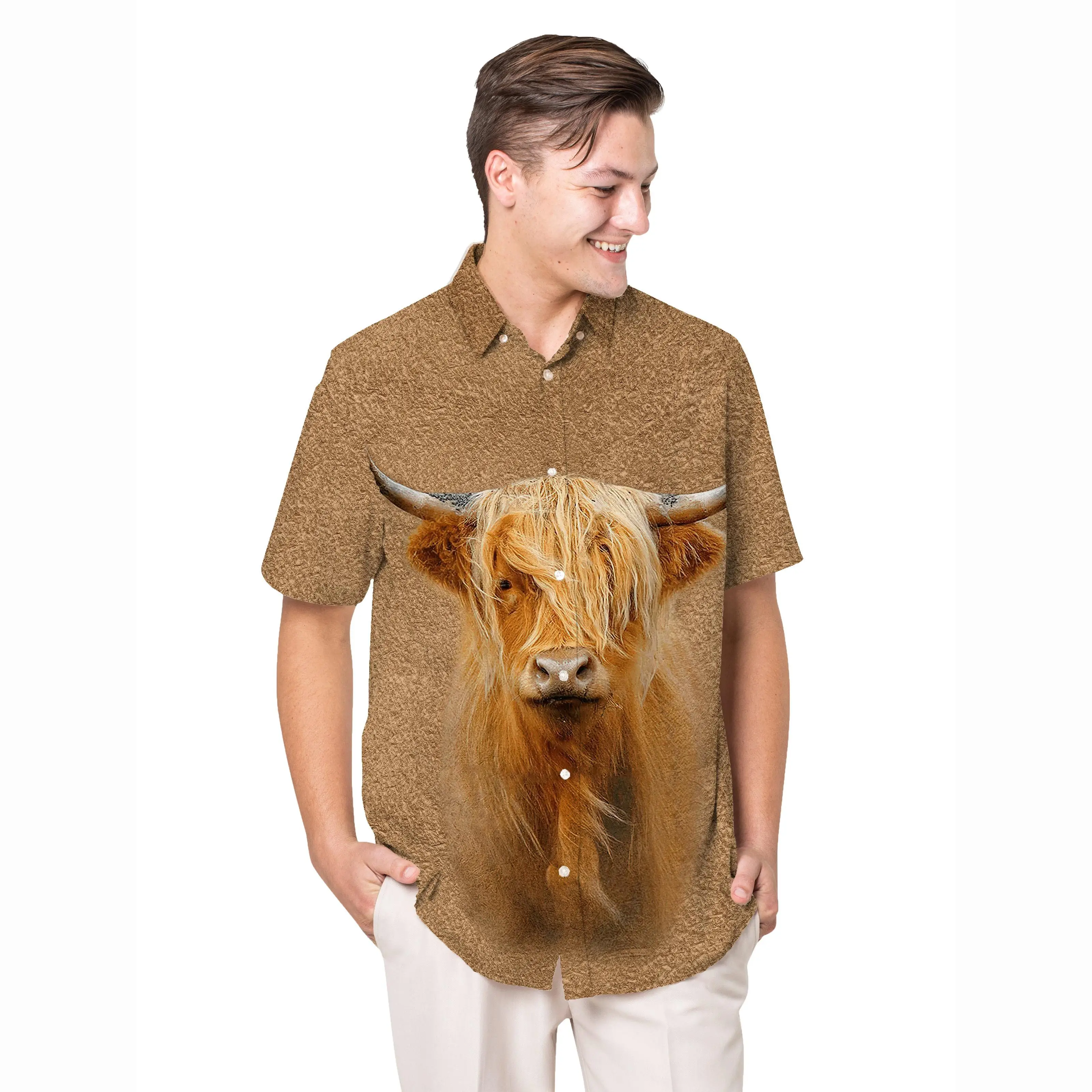 Jumeast Highland Cattle Short Sleeve Hawaiian Shirt Vintage Polyester Aloha Shirts Unisex Baggy Casual Man Clothing