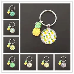 2021 cute tropical fruit pineapple keychain small fresh summer fruit art pattern glass round key ring car bag key jewelry