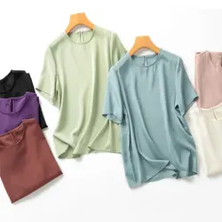 Women Silk T-shirt 93% Mulberry Silk 7% Spandex 26 Momme Thick Solid Colors Base Top Pullover Blouse M L XL XXL MM886