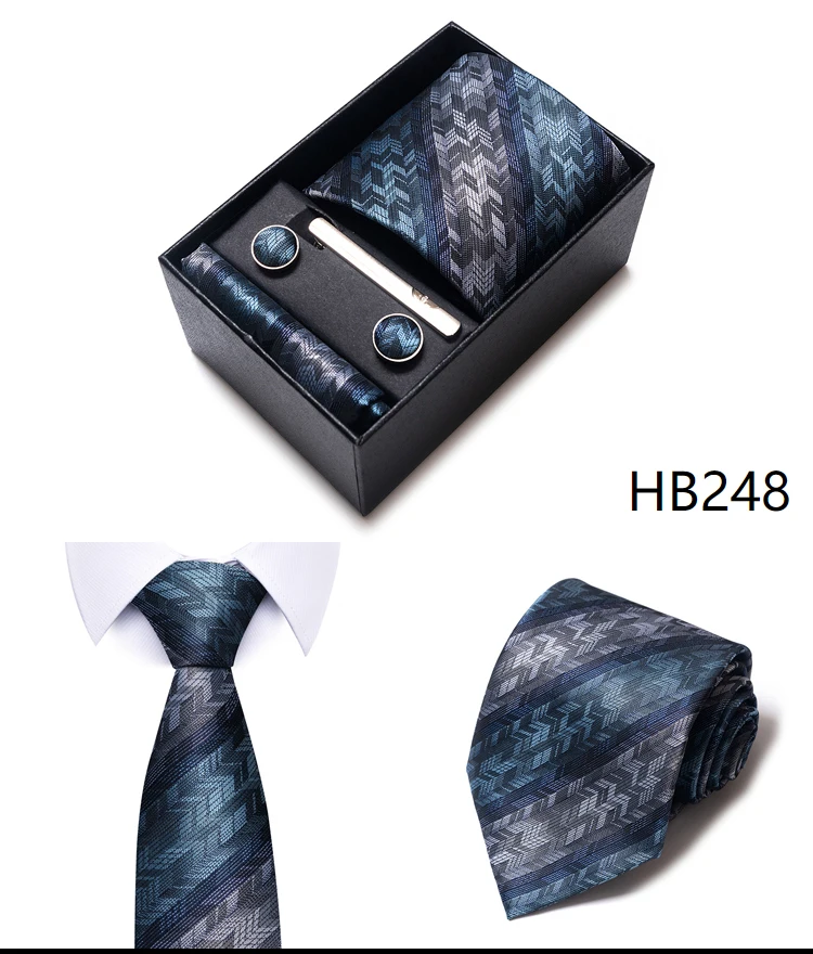 Hochwertige lila gestreifte Krawatte Taschentuch Manschettenknopf Set für Männer Krawatte Urlaub Geschenkbox Anzug Zubehör Hochzeit Gravats – Detail 26