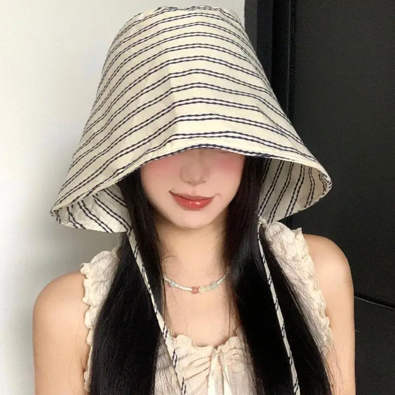 Wide Brim Sun Protection Fisherman Hat For Women Foldable Striped Cap For Hiking Travel Beach