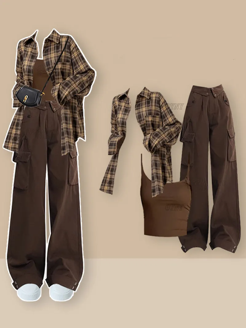 

Fashion Casual Suit Women's Spring Autumn Korean Version Checkered Top Vest Work Pants Three Piece Set