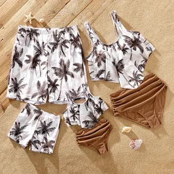 PatPat Family Matching Outfits Swimwears Allover Coconut Tree Print Spliced Ruched One-piece Swimsuit and Swim Trunks