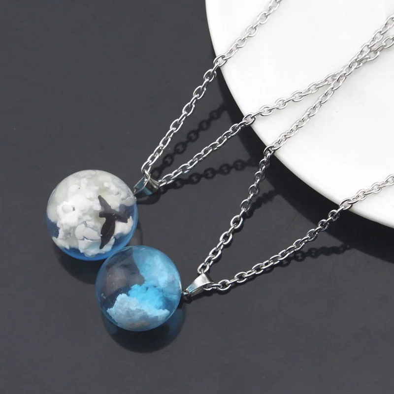 موضة السماء الزرقاء سحابة بيضاء الطيور توهج القمر ستار الكرة قلادة شيك الراتنج قلادة المختنق مجوهرات الأزياء هدايا عيد الميلاد #2