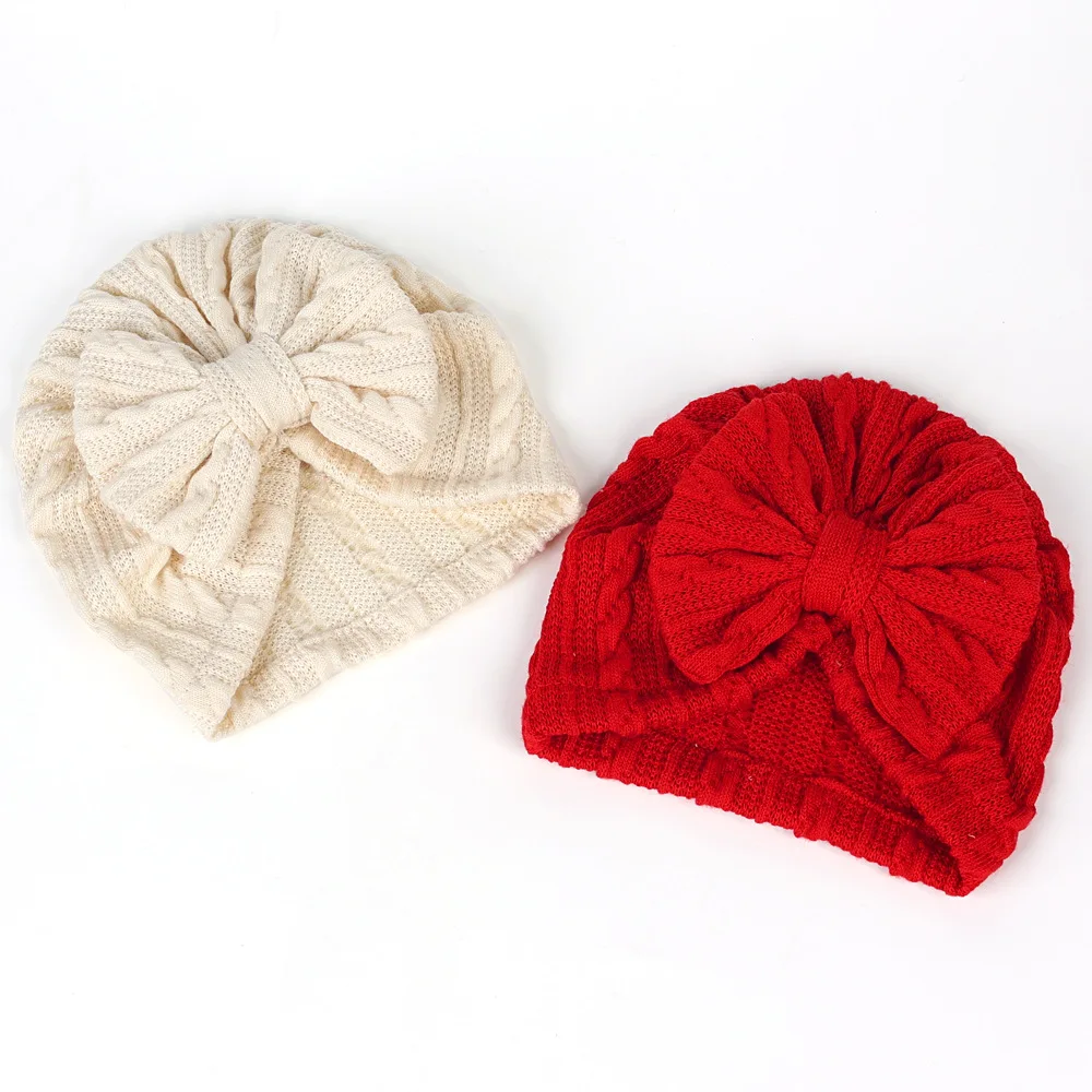 0-6M Lovely Bowknot Knitted Baby Hat Cute Solid Color Baby Girls Hat Turban Soft Newborn Infant Cap Knitting Beanies Head Wraps