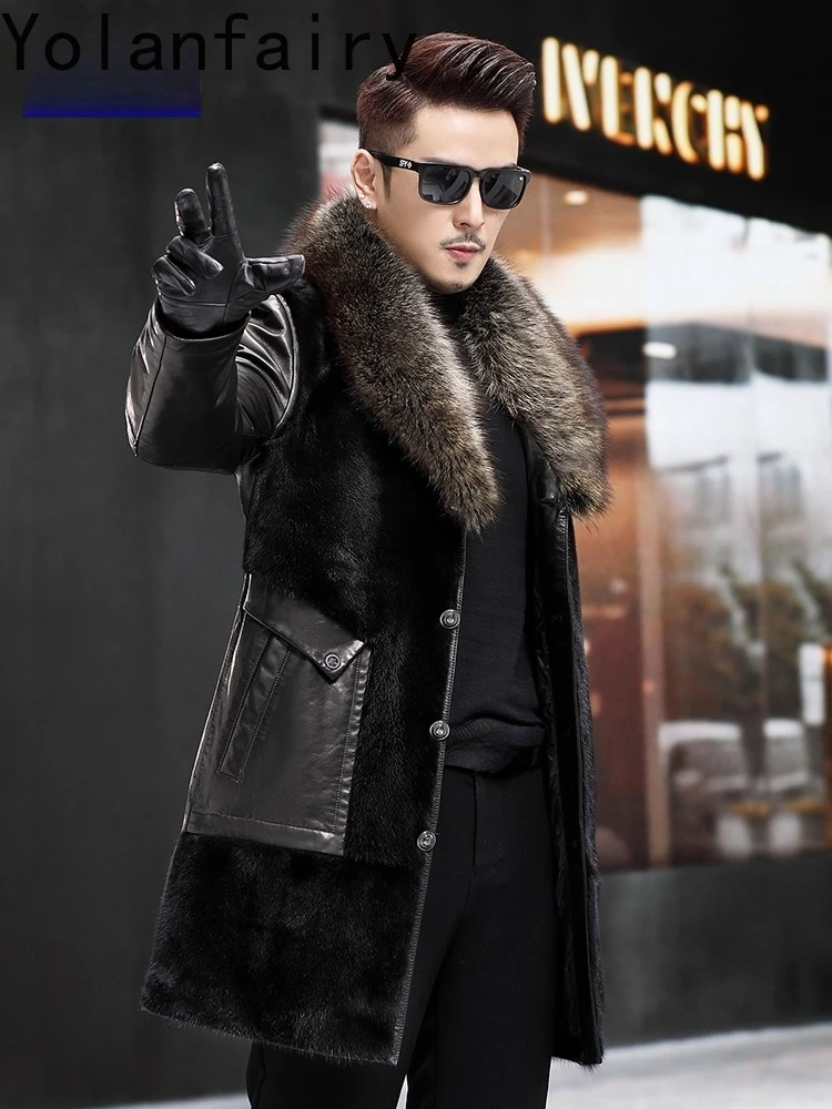 YOLANFAIRY Trend Natural Mink Real Fur Coat Man Luxury Whole Mink Spliced Genuine Goatskin Leather Jackets Warm Goose Down Coat