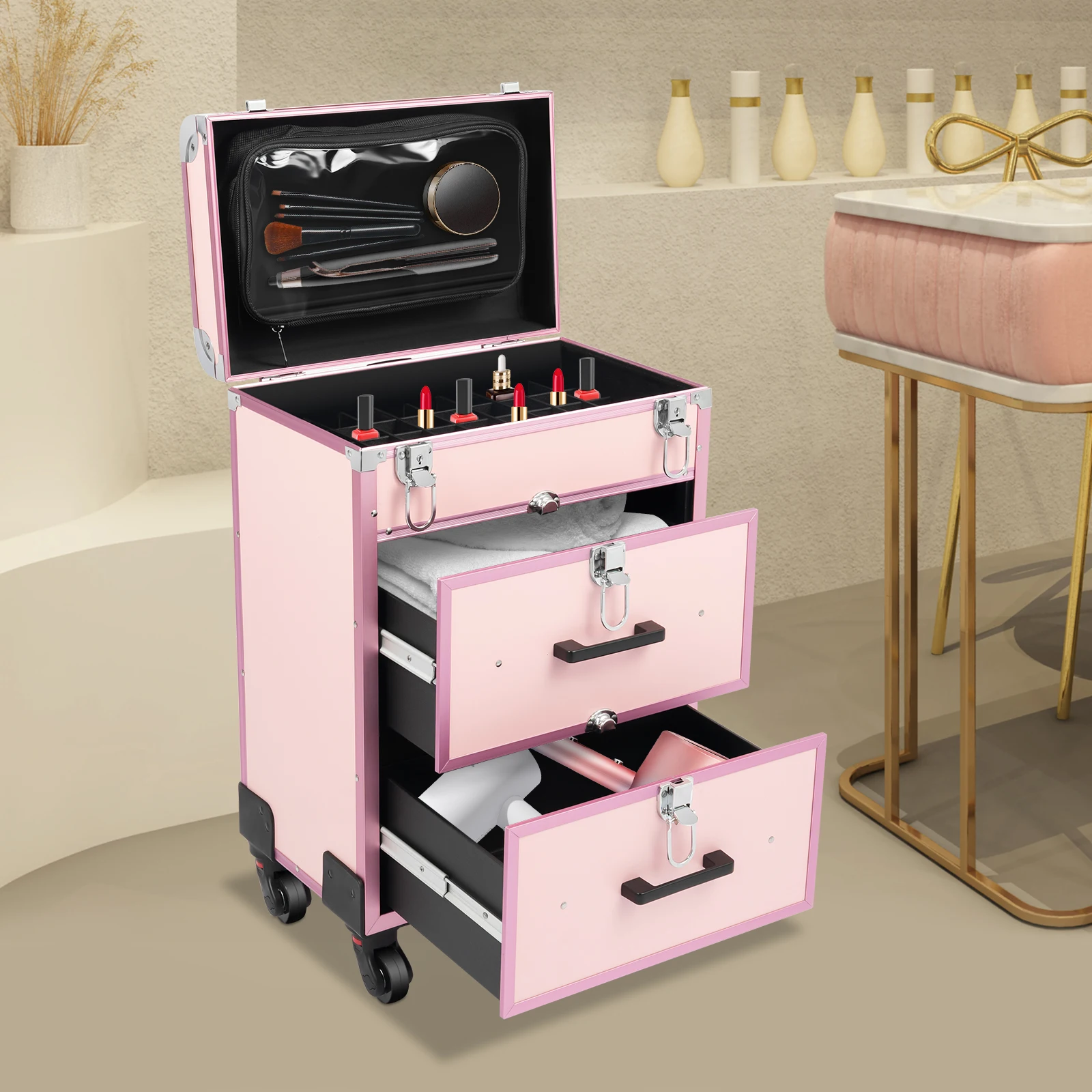 

Профессиональный дорожный кейс для макияжа на 3 уровнях с колесами и замком, из алюминиевого сплава, с функцией блокировки, органайзер для косметики