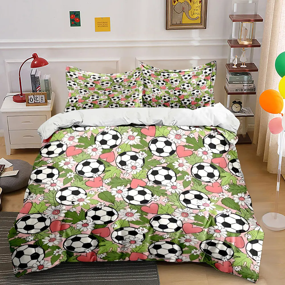 Soccer balls, hearts, flowers. Print Bedding Set 1 Duvet Cover 2 Pillowcases for Adult and Children Luxury Gift Full Size