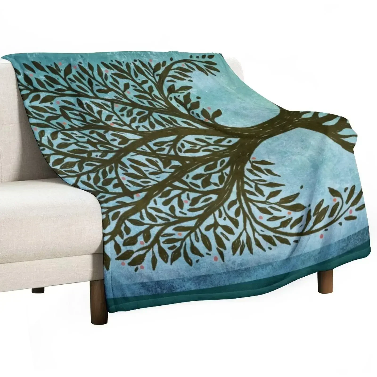 

Tree Of Life Woodcut In Blue Throw Blanket Warm Flannel Blanket for Couch Chair Bedroom