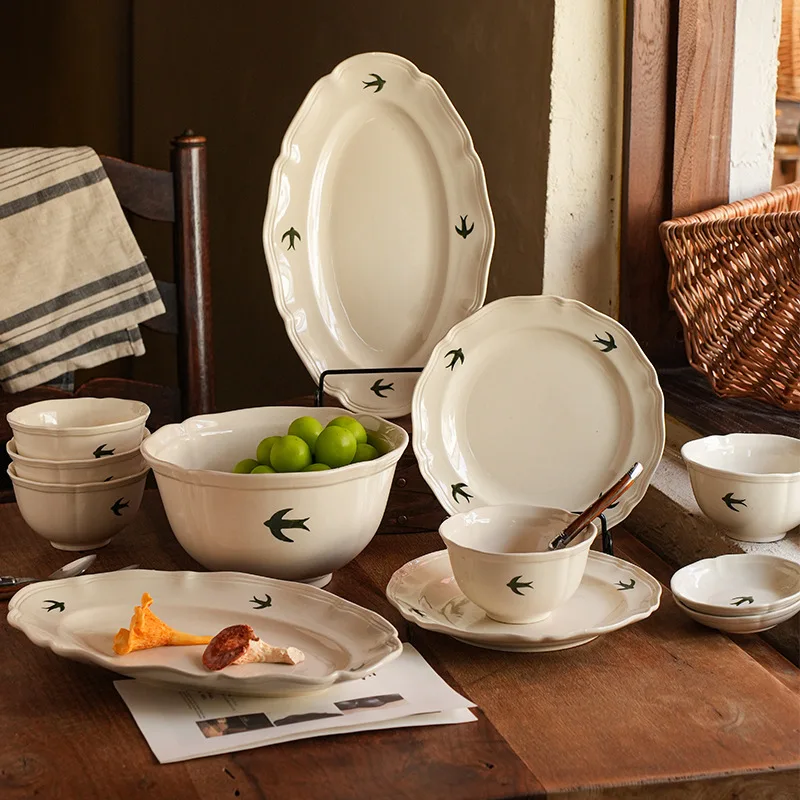 Ins-style High-appearance-level Japanese Tableware, Home Retro Relief Hand-painted Swallow Ceramic Oval Dessert and Pastry Plate
