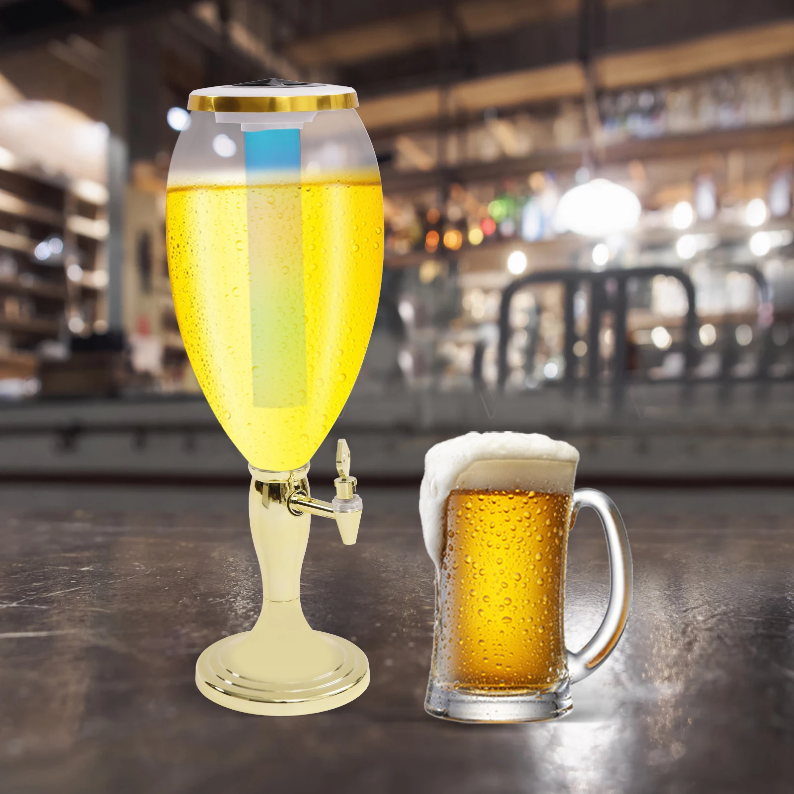 

5L Gold Beer Tower Dispenser with Colored Lights, ABS+PET Material Ice Tube, Stable Base for Party/Bar/Home/Outdoor Gathering