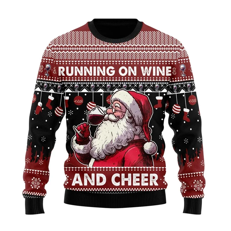

3D Printed Santa Claus Red Wine Hoodie For Men Christmas Cat Pattern Sweatshirts Autumn Unisex Long Sleeve O-Neck Loose Hoodies