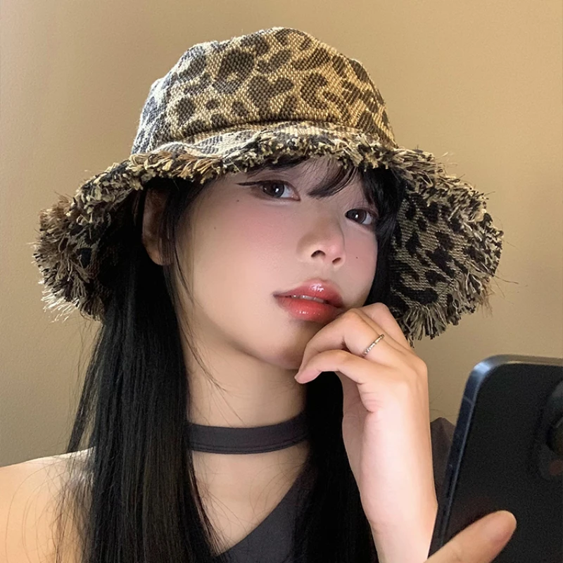 American Retro Leopard Print Burrs Bucket Hats Women Summer Versatile Big Brim Fashion Sunscreen Niche Basin Caps for Men