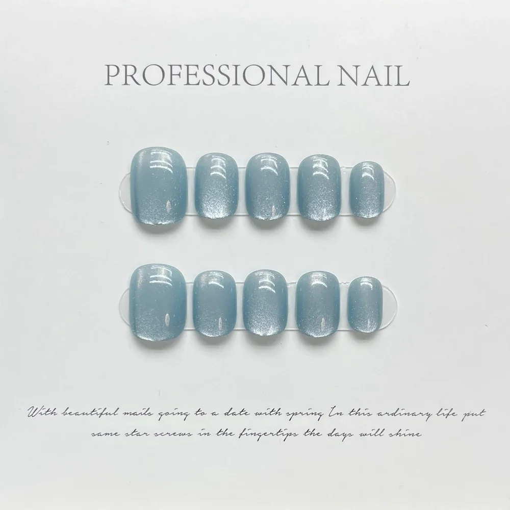 

Handmade Simple Blue Press on Nails Short Cat Eye Design Reusable Adhesive Fake Nails Round Head Full Cover Nail Tips Manicure