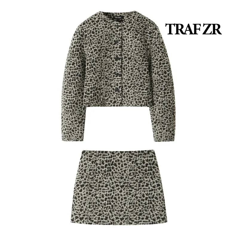 TRAF ZR Skirts Set Woman Two Pieces Casual Elegant Vintage Leopard Print Long Sleeve Set Autumn Woman Sets Y2k Outfit Set