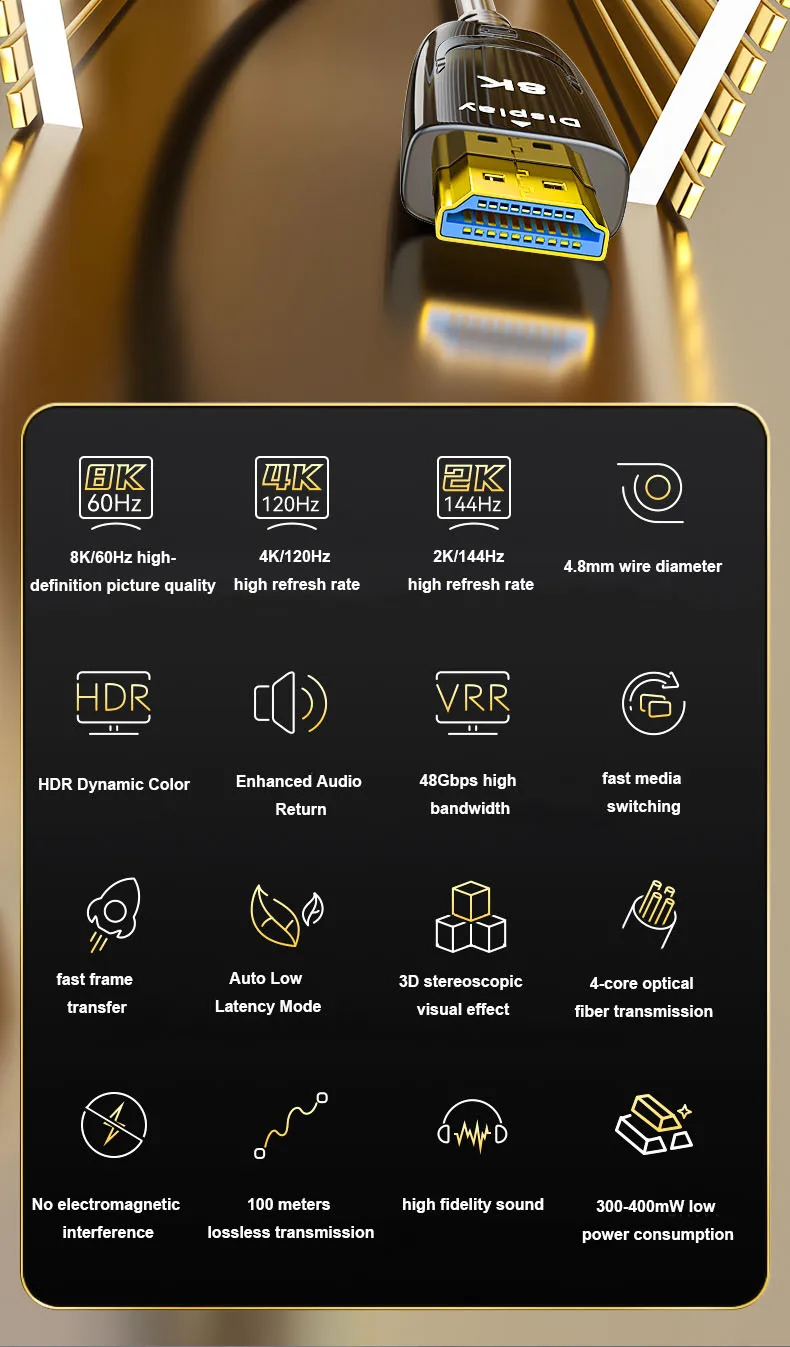 DETCH 8m 10m 15m 20m 25m Long 8K 2.1 Version HDMI Fiber Optic Cable 48Gbps High Speed With Ethernet