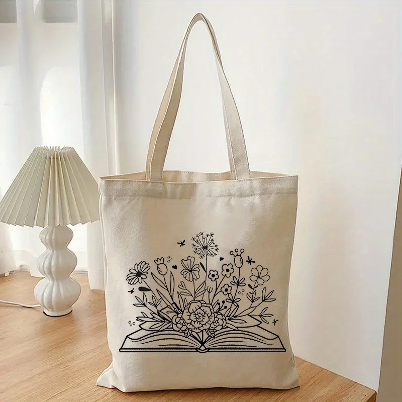 1 pc Book and Flower Pattern Canvas Luggage Bag Book Lover Gift Shipping Bags Fashion Cute Tote Beach Eco Bag Gift for Her