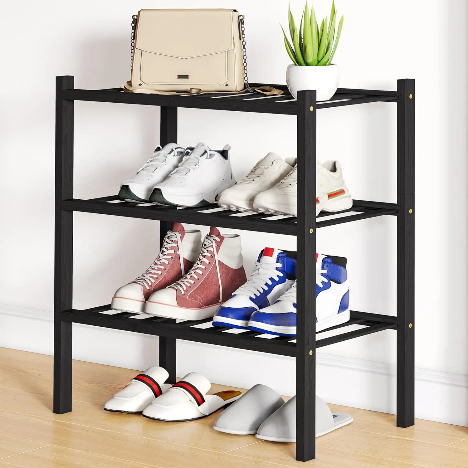 3-Tier Bamboo Shoe Rack, Stackable Wooden Organizer for Closet or Entryway - Black