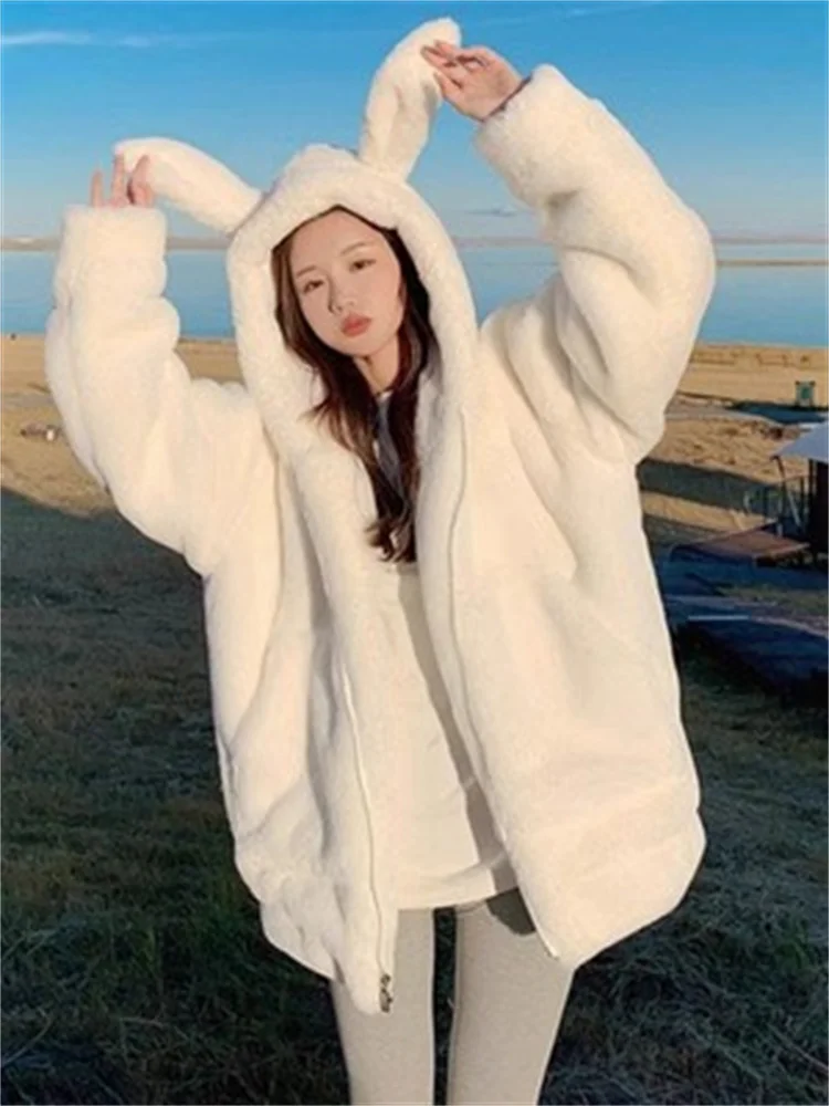 

Rabbit Ears Cute Hooded Imitation Lamb Wool Coat Female 2023Winter Add Cotton Padded Warm Soft Waxy Fluffy Cotton-padded Jacket