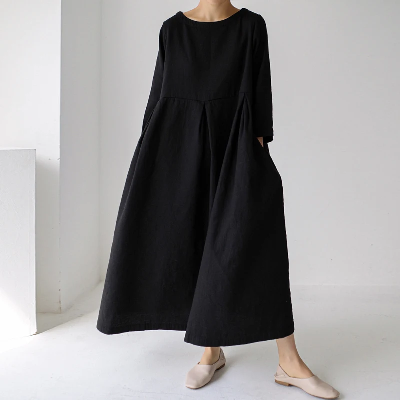 Johnature New Korean Women Clothing Dresses 2025 Autumn O-neck Casual Pockets A-line Loose Solid Color Female Dress