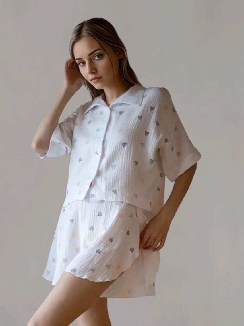 Marthaqiqi Summer Home Clothes Women Short Sleeve Sleepwear Turn-Down Collar Pajamas Shorts Casual Printing Pyjamas 2 Piece Set