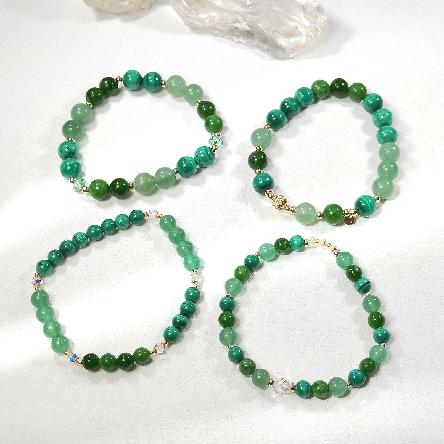 

Lii Ji Natural Malachite Green Jade Green Aventurine 6/8mm With Crystal American 14K Gold Filled Elastic Bracelet