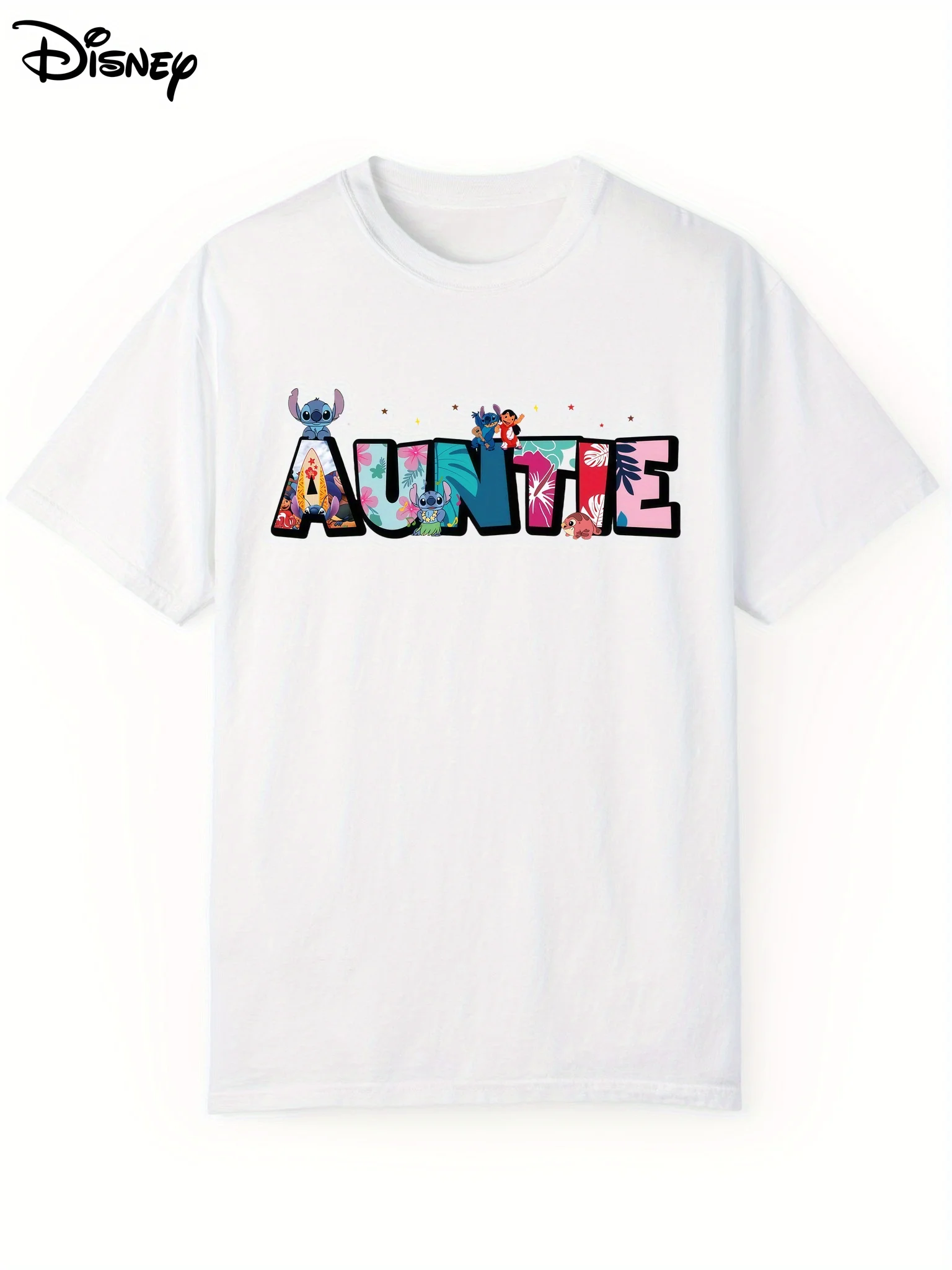 تي شيرت ديزني للرجال والنساء بنمط هاواي تي شيرت Auntie Needle and Lilo مطبوع باللون البيج الفاتح بأكمام قصيرة، صيفي #1