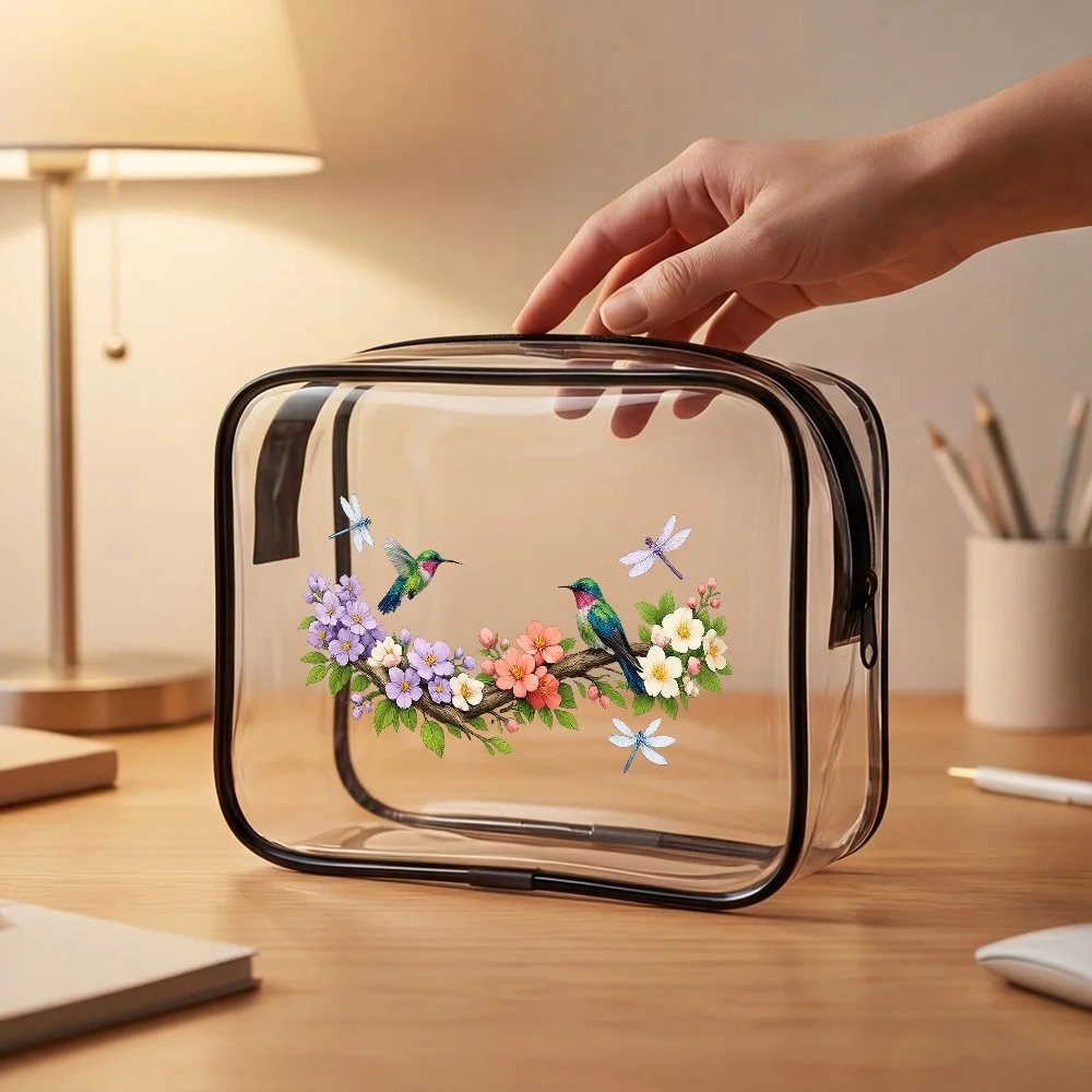 Hummingbird Floral Clear Zip Toiletry Bag Transparent Botanical Watercolor Travel Suitable For Women Nature Lovers Makeup Hold