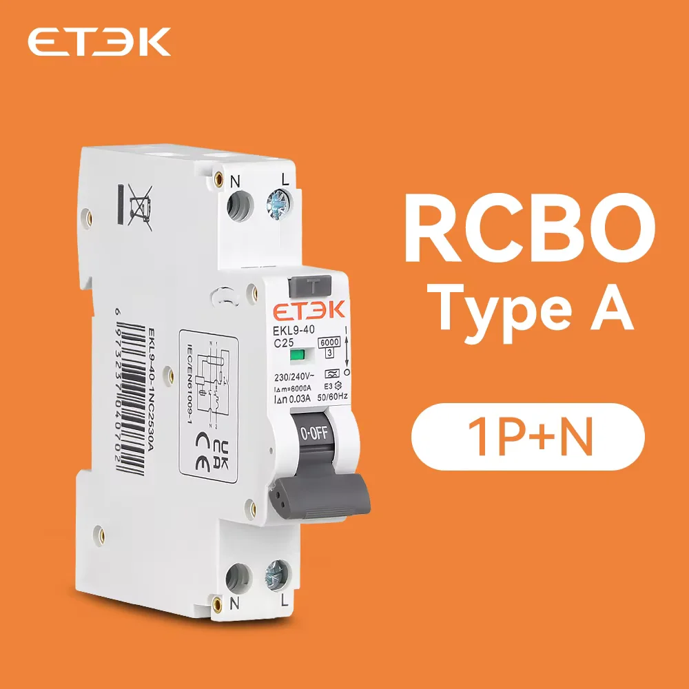 

ETEK RCBO Type A Residual Automatic Circuit Breaker 6KA 1P+N 2P 16a 20a Curve CWith Over Current Leakage Protection 30mA EKL9-40