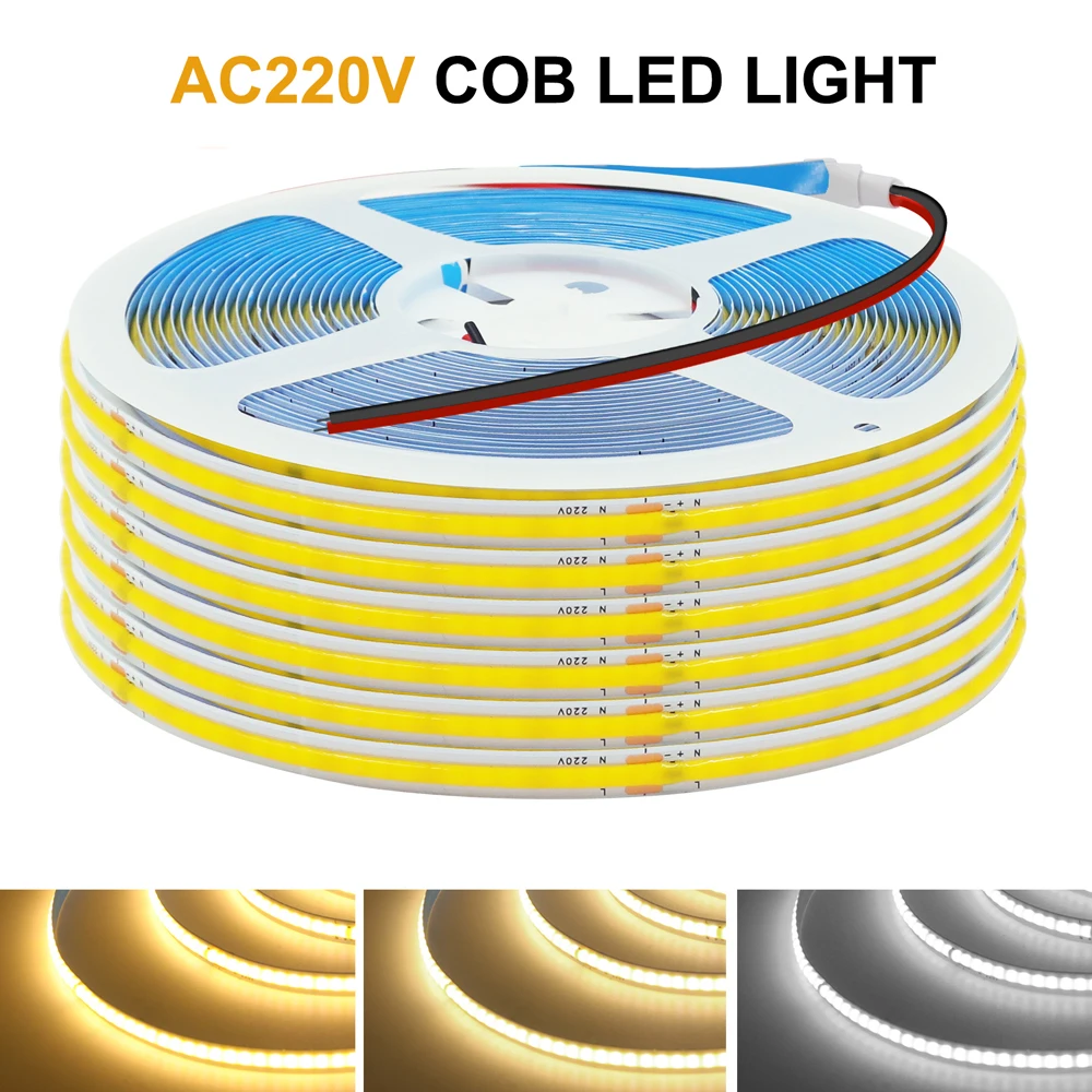 5M 10M AC220V COB LED Strip 240LEDs/m 8mm PCB Adhesive High Density Linear Lighting COB Light Bar White/Warm White/Natural White