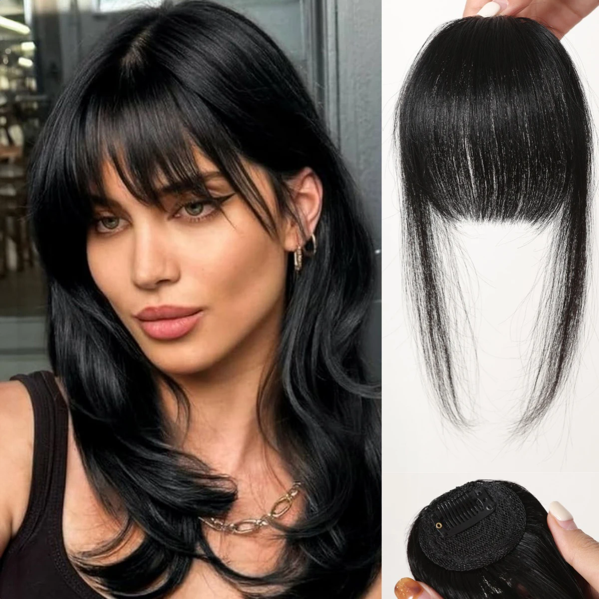 Black Human Hair Bangs Extension with Cap - Natural Fringe Hairpiece, Breathable Cap Design for Women, Daily Party Use