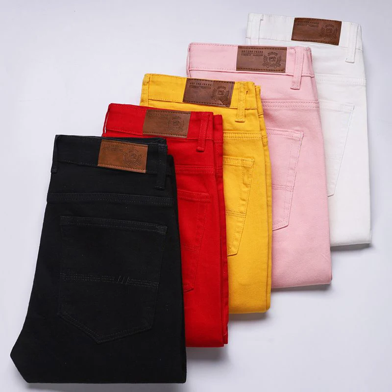 New High Quality Men\'s Trend Yellow Red White Jeans 2024 Spring Autumn Male High Waist Casual Pants Classic Brand Denim Trousers