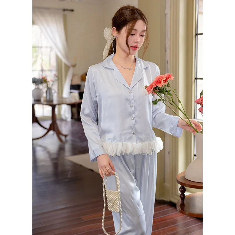 Women's Snow Silk Pajamas Long Sleeve Women's Home Clothes Solid Color Comfortable Breathable Summer Thin Material