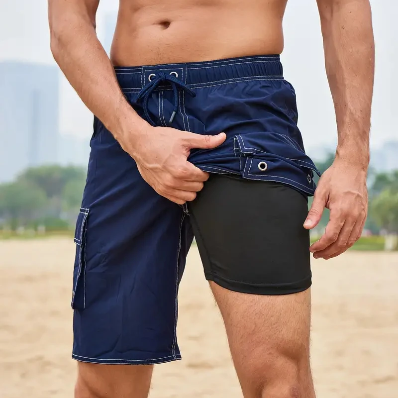 Men's Quick Dry Beach Shorts, Casual Swimwear With Flap Pockets For Summer