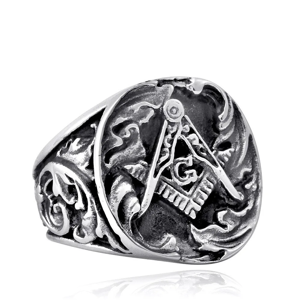 Steel Warrior European and American personality retro men trendy titanium steel ring carved Masonic ring jewelry wholesale