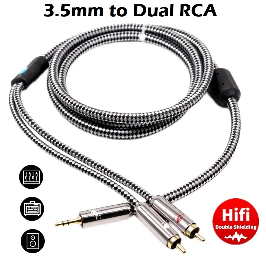 Hifi Aux Jack 3.5mm do podwójnego kabel Audio RCA do telefonu do laptopa samochodowego podłącz głośnik Subwoofer HDTV 3.5 do 2 ekranowanych