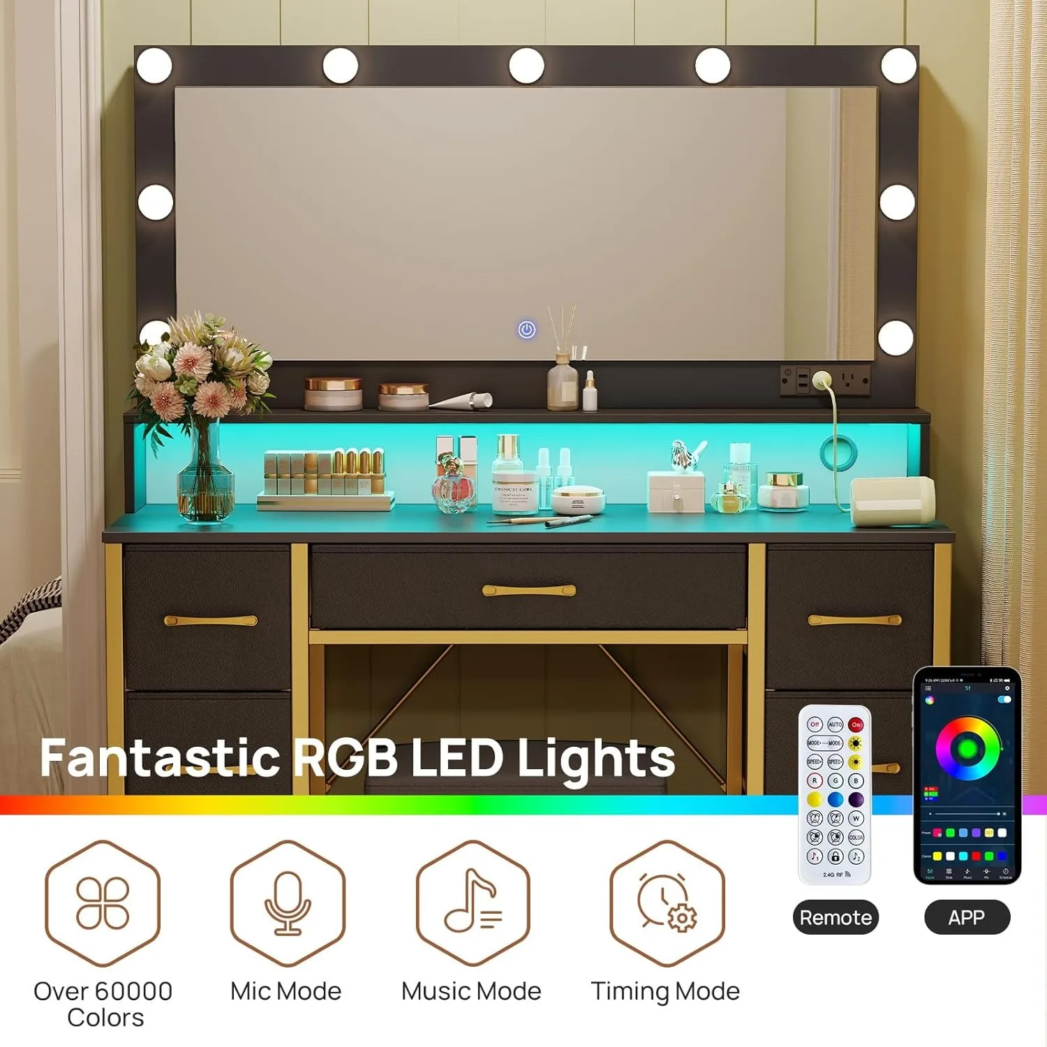 Vanity Desk with Mirror and Lights, Makeup Vanity with Upholstered Vanity Stool, 7 Drawers, 9 Dimmable LED Bulbs, Vanity Set image 5