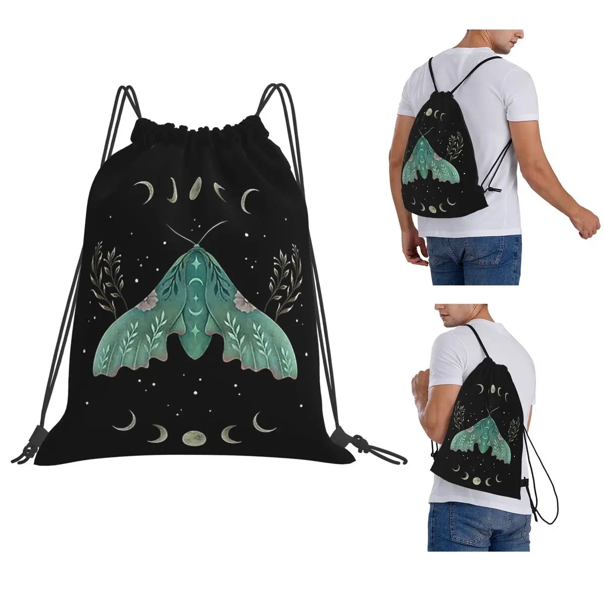 Luna And Moth Backpacks Portable Drawstring Bags Storage Bag Book Bags for Travel School