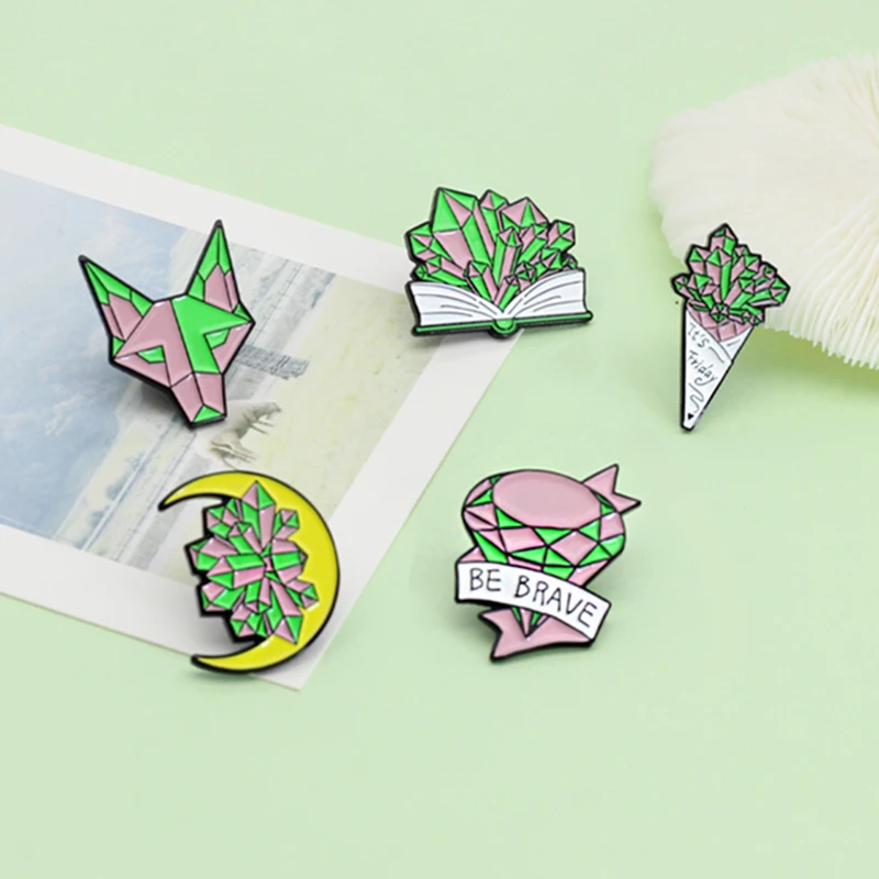 Be brave,It's Friday Colorful Crystal Brooches Book Moon Flower Wolf Crystal Column Enamel Pins Punk Witches Badges Jewelry Gift