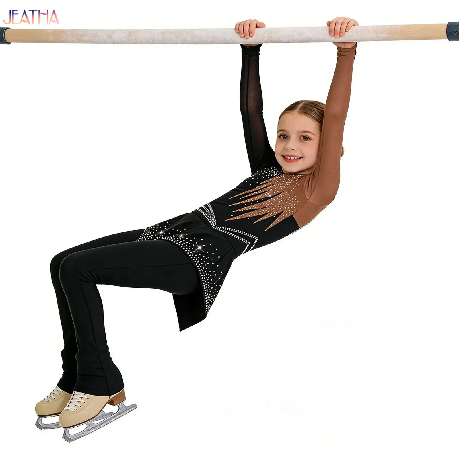 

Kids Girls Shiny Rhinestones Bodysuit Competition Performance Costume Acrobatics Rhythmic Gymnastics Asymmetrical Peplum Leotard