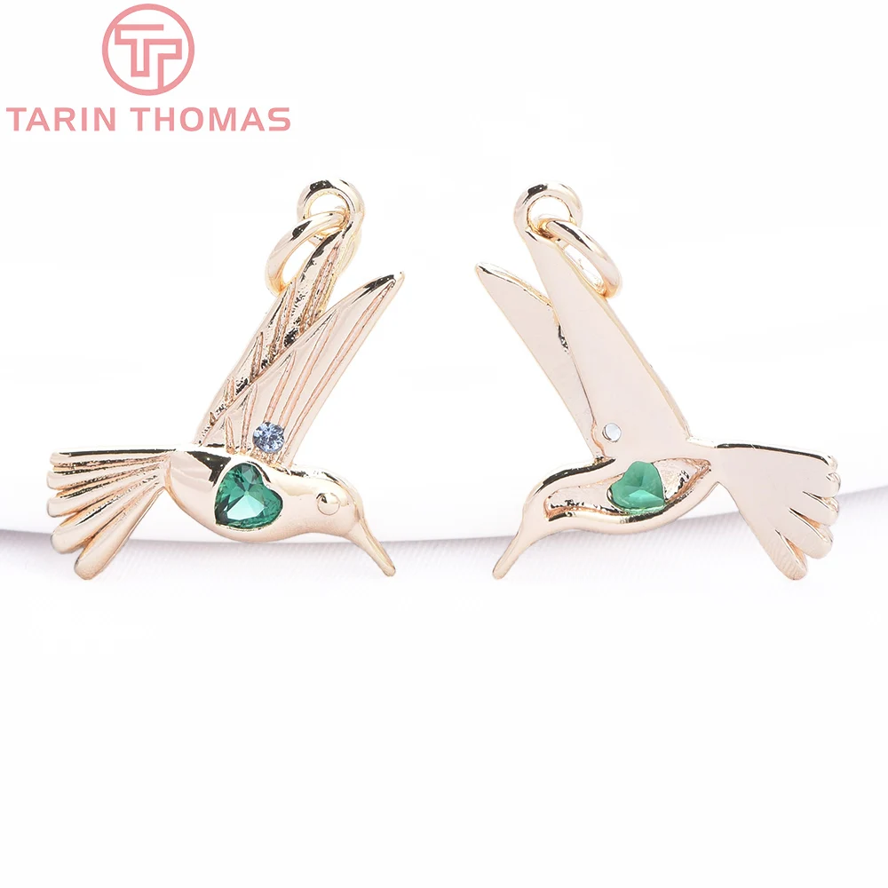 (8812) 4PCS 16x17.5MM 24K Gold Color Brass with Zircon Hummingbird Shaped Pendants High Quality DIY Jewelry Making Accessories image 2