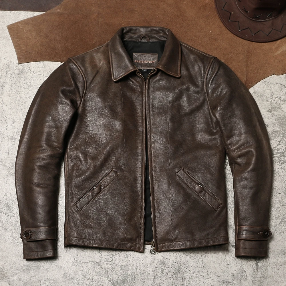 Dark Brown Autumn Leather Jacket Men Retro Casual Style Plus Size 4XL Natural Cowhide Autumn Slim Fit Genuine Leather Coat