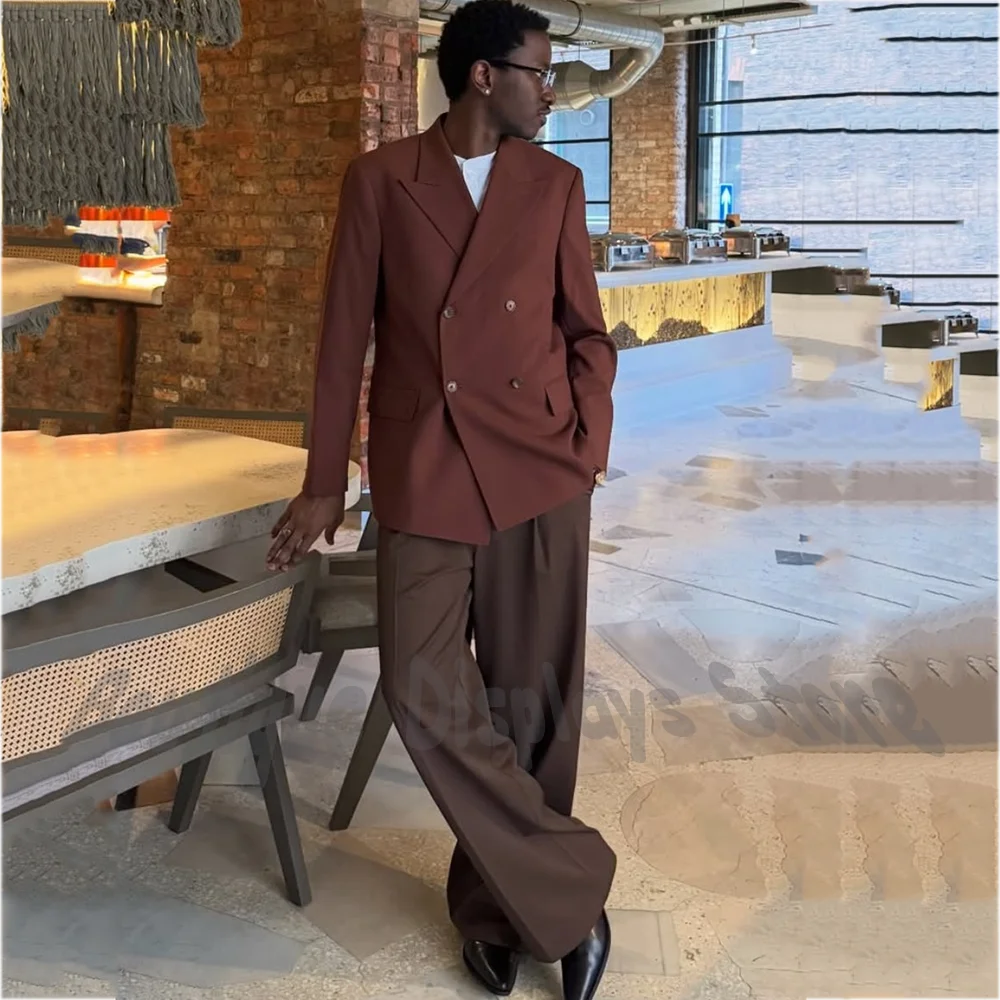 Stylish Casual Men Suit Double Breasted Peak Lapel Contrast Color Jacket Pants Daily Office Business Party Wear Chic Outfit