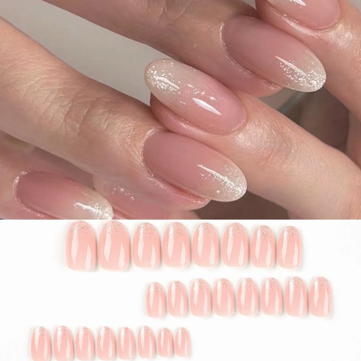 24Pcs/Set Simple Pink Wearing False Nail Tips Glitter Silver Powder Embellishment Acrylic Fake Nail Art Removable Press on Nails